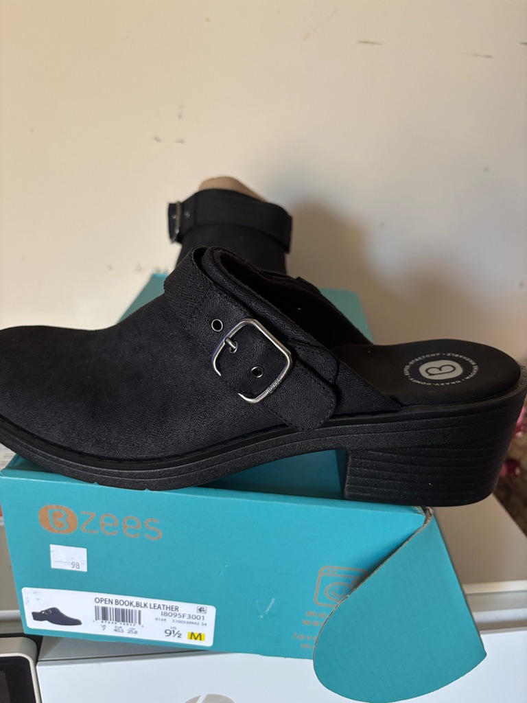 Bzees Black Suede Buckle Clog Mule With Low Heel